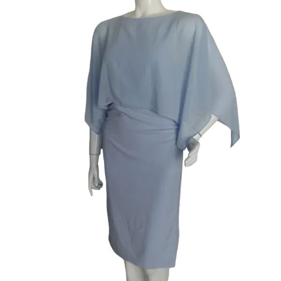 HALSTON HERITAGE Dress, 2, Light Blue, Sleeveless w/Scarf overlay, Ruched - Picture 3 of 14